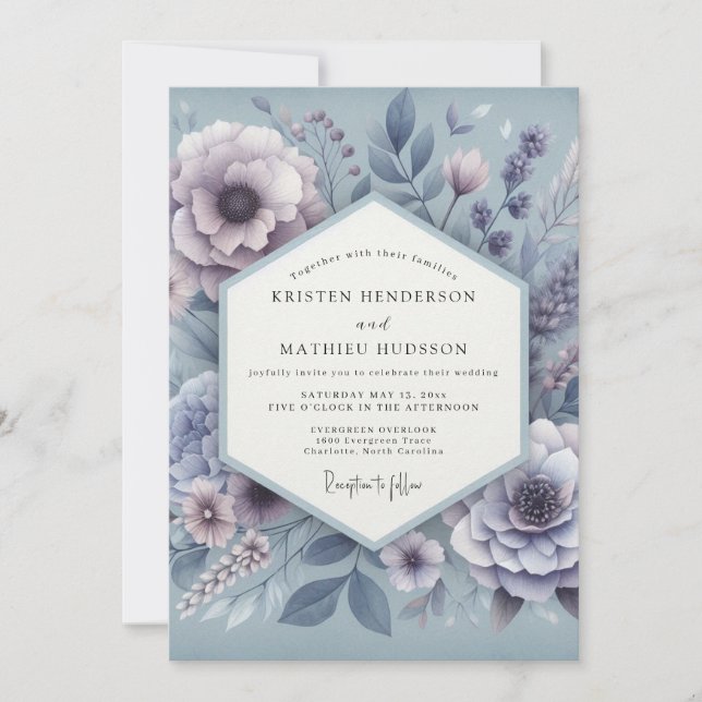 Convites Casamento Flor de Sonho Azul Poético (Frente)