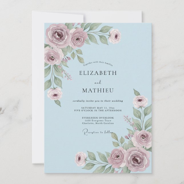 Convites Casamento Flor de Sussurro Azul Empoeirado (Frente)
