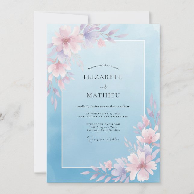 Convites Casamento Flor de Sussurro Azul Empoeirado (Frente)