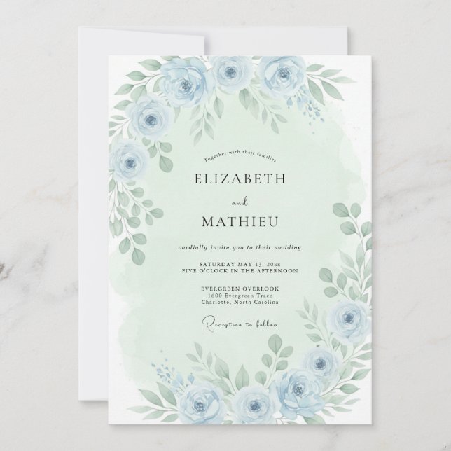 Convites Casamento Flor de Sussurro Azul Pó (Frente)