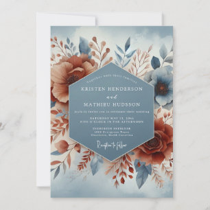 Convites Casamento Flor de Terracota Azul Ardósia
