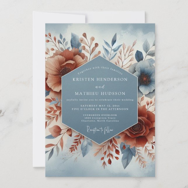 Convites Casamento Flor de Terracota Azul Ardósia (Frente)