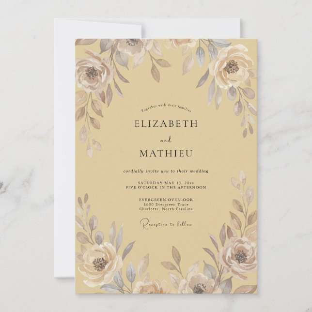 Convites Casamento Flor de Tom Taupe Dourado (Frente)