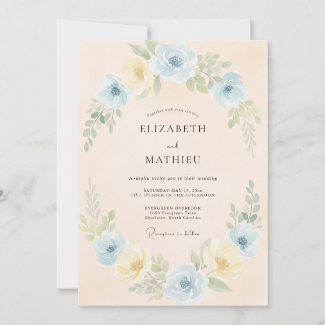 Convites Casamento Flor de Tons Azul Pálido (Frente)