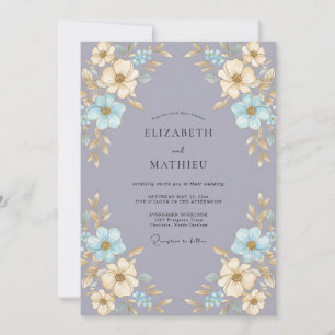 Convites Casamento Flor de Tons de Champanhe e Periwinkle