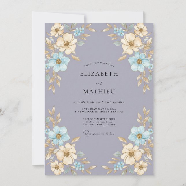 Convites Casamento Flor de Tons de Champanhe e Periwinkle (Frente)