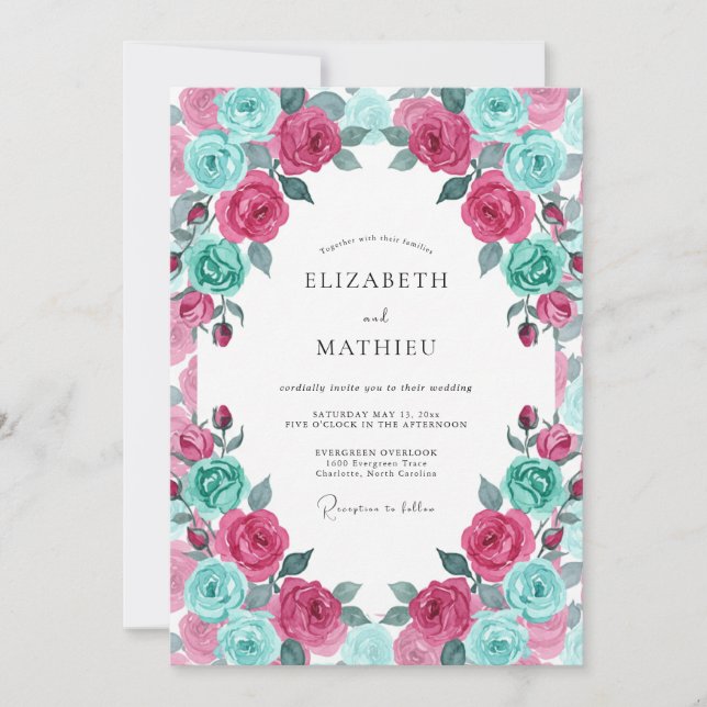 Convites Casamento Flor de Turquesa Magenta (Frente)