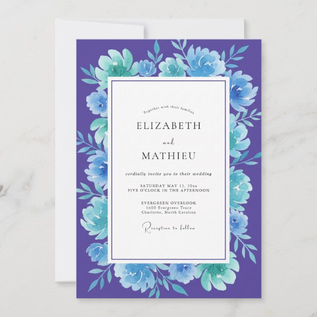 Convites Casamento Flor de Turquesa Violeta Boho (Frente)