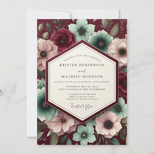Convites Casamento Flor de Veludo Borgonha (Frente)