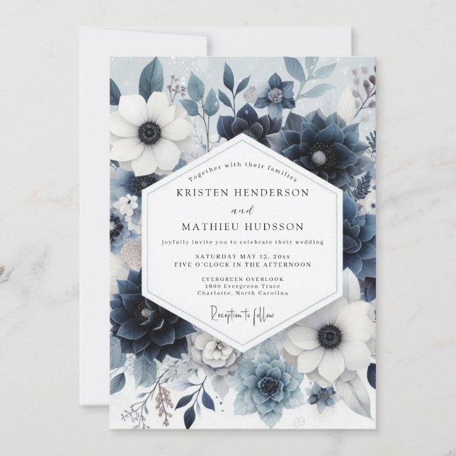 Convites Casamento Flor de Véspera Azul Empoeirado (Frente)