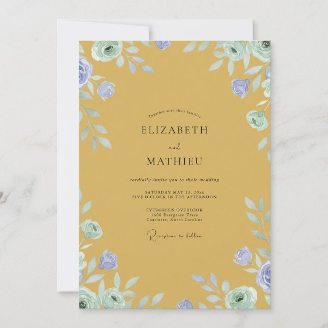 Convites Casamento Flor de Vinca Mostarda (Frente)