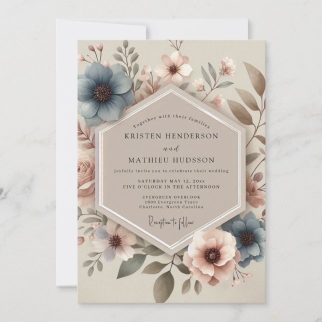 Convites Casamento Flor de Vintage Azul Empoeirado (Frente)