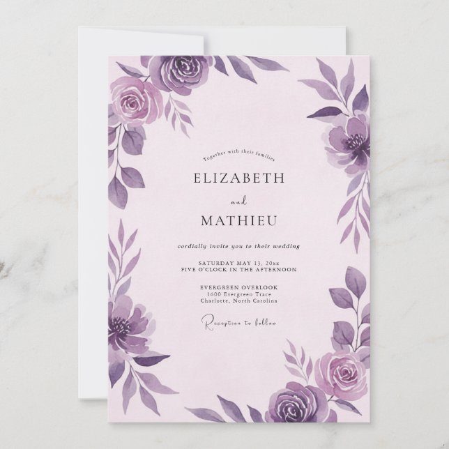 Convites Casamento Flor de Violeta Ameixa (Frente)
