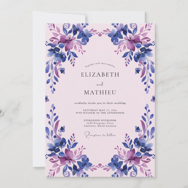 Convites Casamento Flor de Violeta Suave Periwinkle (Frente)