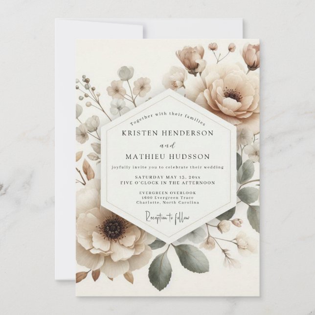 Convites Casamento Flor Desbotada Bege (Frente)