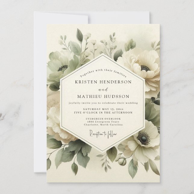Convites Casamento Flor Eterna Verde Sálvia (Frente)