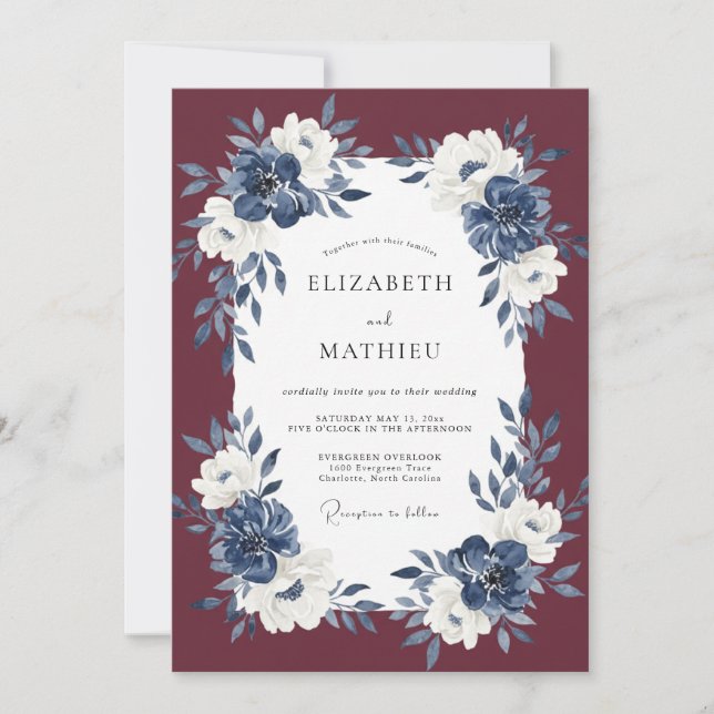 Convites Casamento Flor Eucalipto Meia-Noite Vinho (Frente)