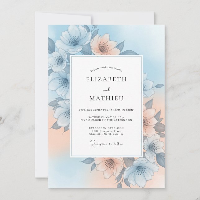 Convites Casamento Flor Gentil Azul Céu (Frente)