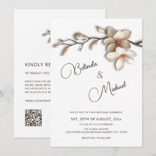 Convites Casamento Flor Magnólia Efeito Realçado Branco Esm