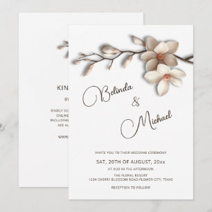 Convites Casamento Flor Magnólia Efeito Realçado Branco Esm