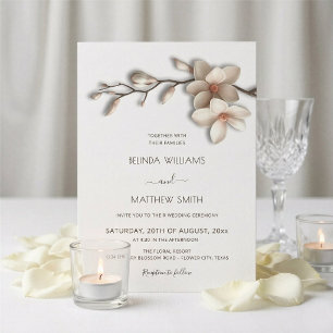 Convites Casamento Flor Magnólia Texturizada Branco de Marf