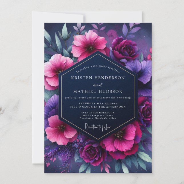 Convites Casamento Flor Nocturno Magenta (Frente)