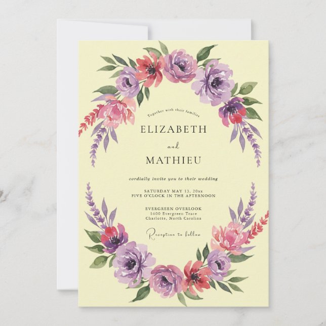 Convites Casamento Flor Romântica Amarela Roxa (Frente)