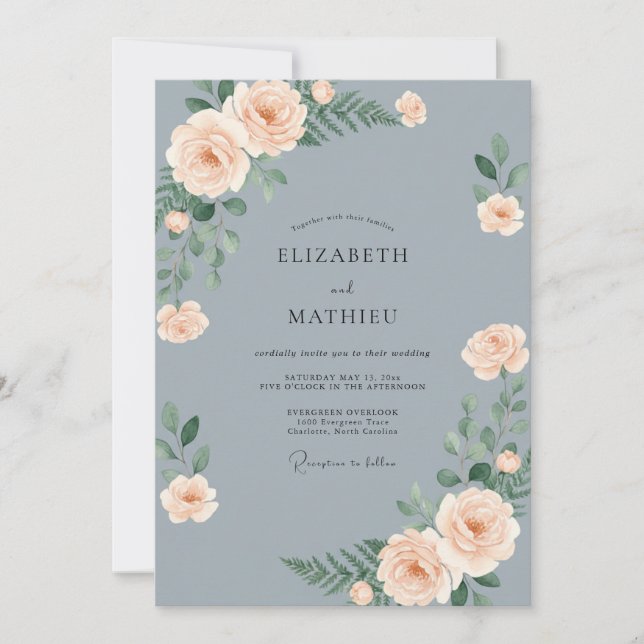 Convites Casamento Flor Romântica Azul Ardósia (Frente)