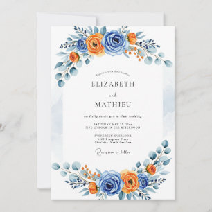 Convites Casamento Flor Romântica Laranja Azul