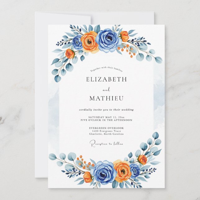Convites Casamento Flor Romântica Laranja Azul (Frente)
