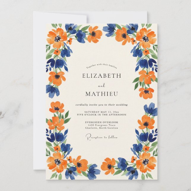 Convites Casamento Flor Silvestre Âmbar Índigo (Frente)