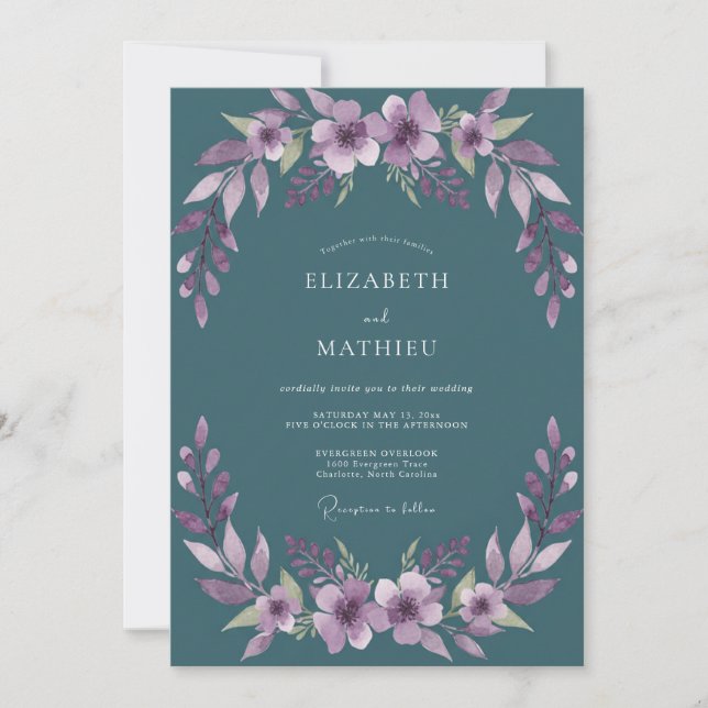 Convites Casamento Flor Silvestre Ámbar-Teal (Frente)