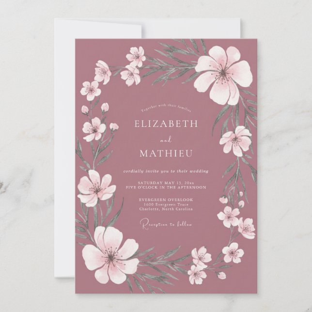 Convites Casamento Flor Silvestre Ameixa Suave (Frente)