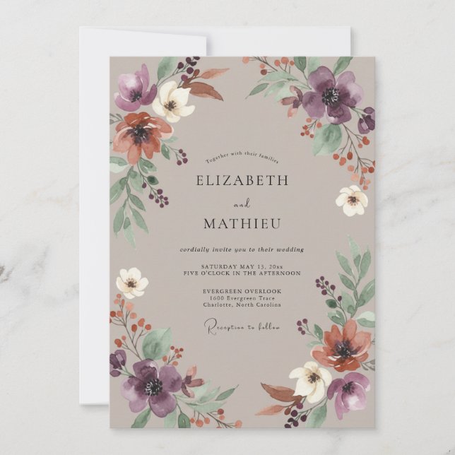 Convites Casamento Flor Silvestre Ameixa Taupe (Frente)
