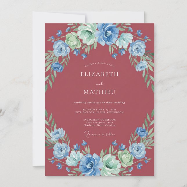 Convites Casamento Flor Silvestre Azul Borgonha (Frente)