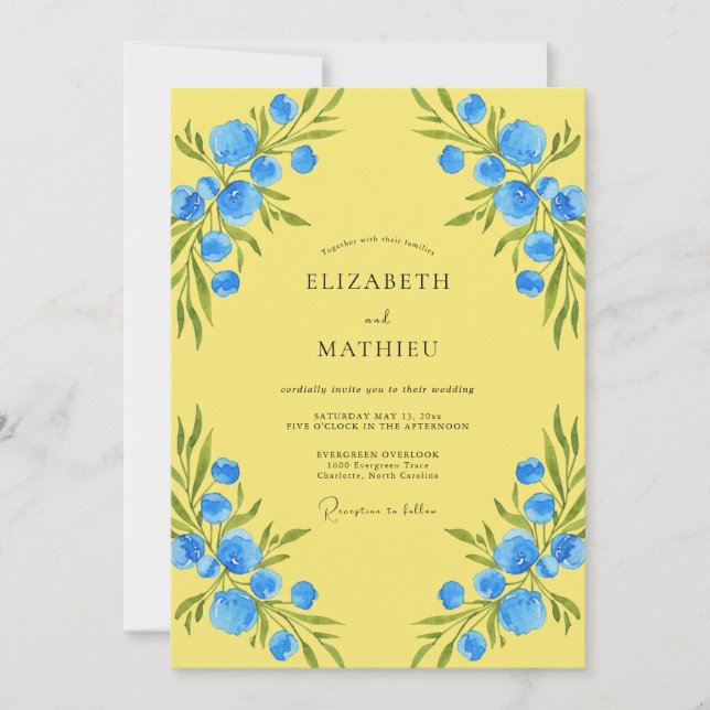 Convites Casamento Flor Silvestre Azul Limão (Frente)