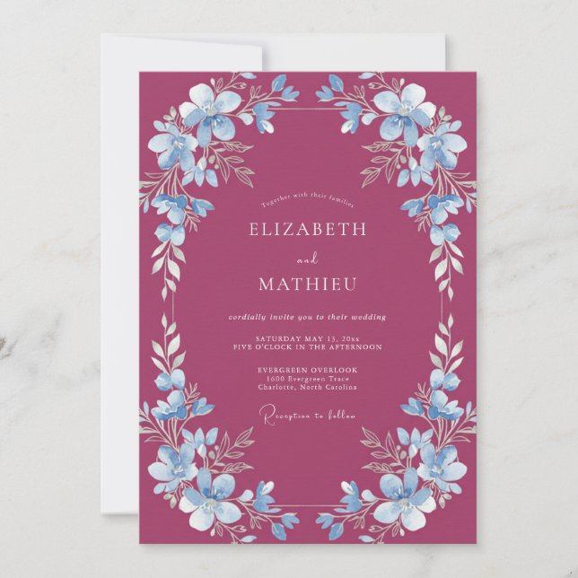 Convites Casamento Flor Silvestre Azul Merlot (Frente)