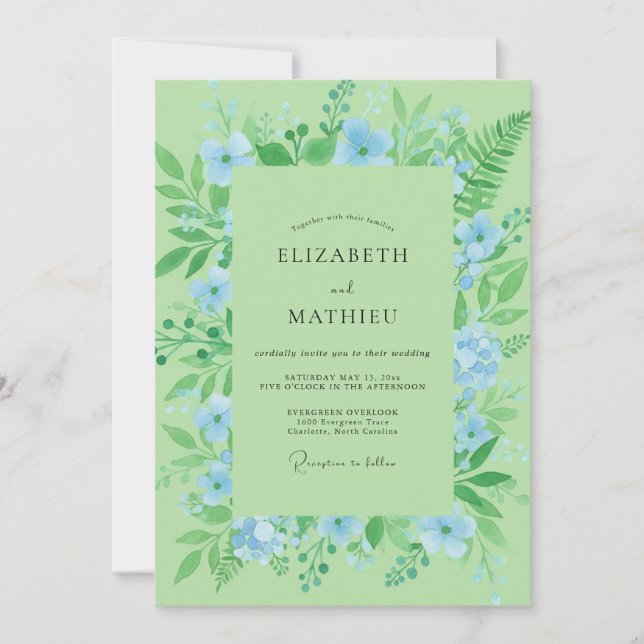 Convites Casamento Flor Silvestre Azul Moderno Menta (Frente)