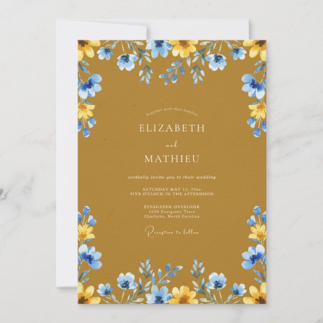 Convites Casamento Flor Silvestre Azul Mostarda (Frente)