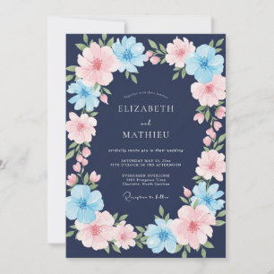 Convites Casamento Flor Silvestre Azul Rosa Meia-Noite