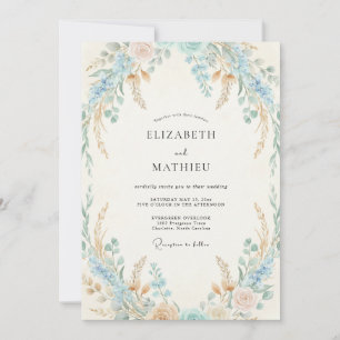 Convites Casamento Flor Silvestre Azul Turquesa e Pêssego S