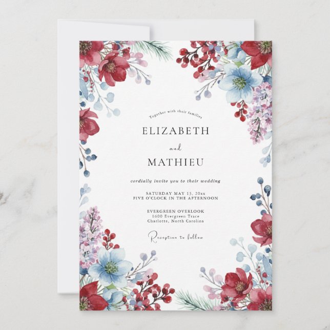 Convites Casamento Flor Silvestre Azure Vinho (Frente)
