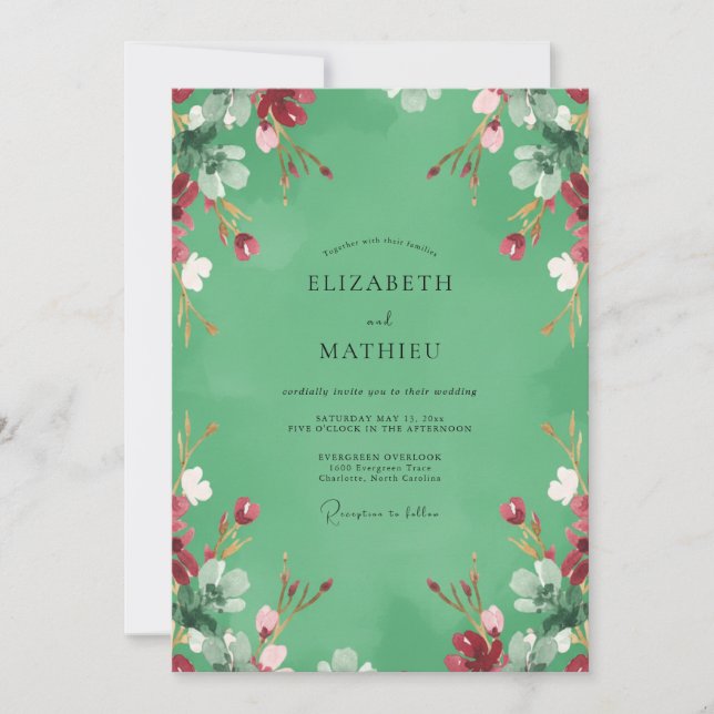 Convites Casamento Flor Silvestre Carmesim Menta (Frente)