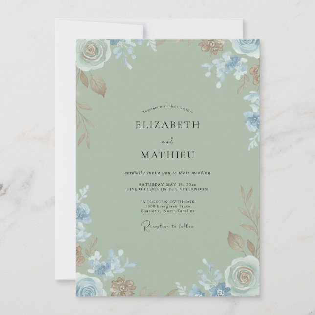 Convites Casamento Flor Silvestre Celadon Cornflower (Frente)