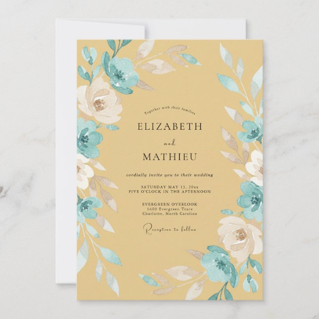Convites Casamento Flor Silvestre Ciano Mostarda (Frente)