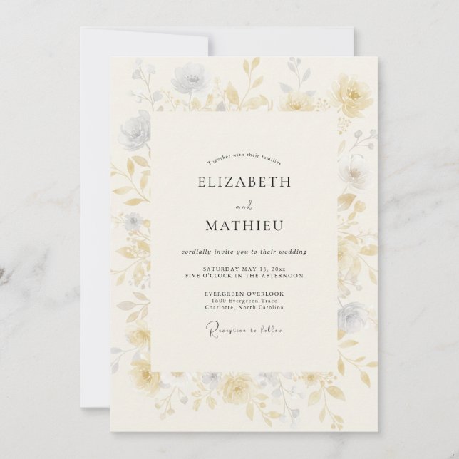 Convites Casamento Flor Silvestre Cinza Champanhe (Frente)