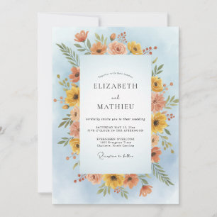 Convites Casamento Flor Silvestre Coral Empoeirado Azul