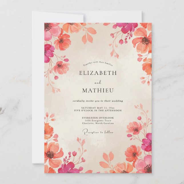 Convites Casamento Flor Silvestre Coral Magenta (Frente)