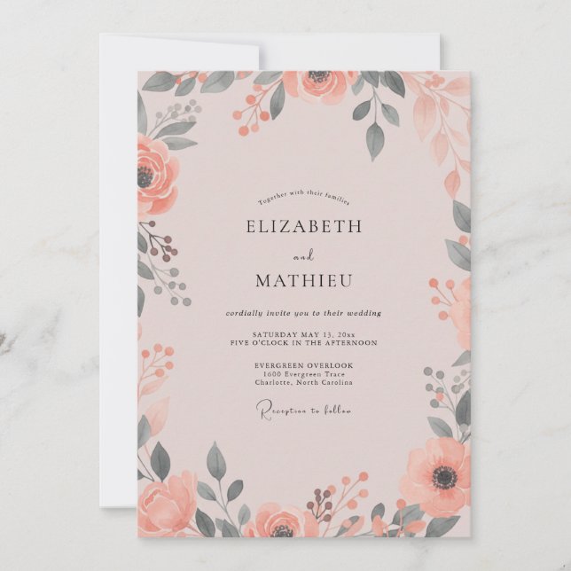 Convites Casamento Flor Silvestre Coral Malva (Frente)