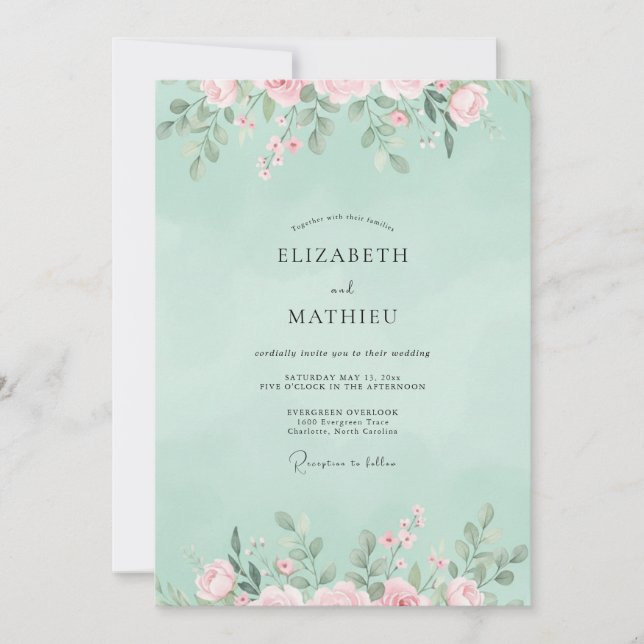 Convites Casamento Flor Silvestre Coral Menta (Frente)